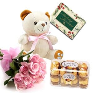 12 Pink Roses, Soft Toy n Ferrero Rocher Chocolate